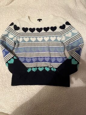 Talbots Navy, White & Teal Heart-Stripe Crewneck Sweater